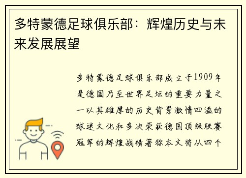 多特蒙德足球俱乐部：辉煌历史与未来发展展望