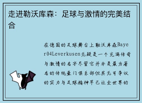 走进勒沃库森：足球与激情的完美结合